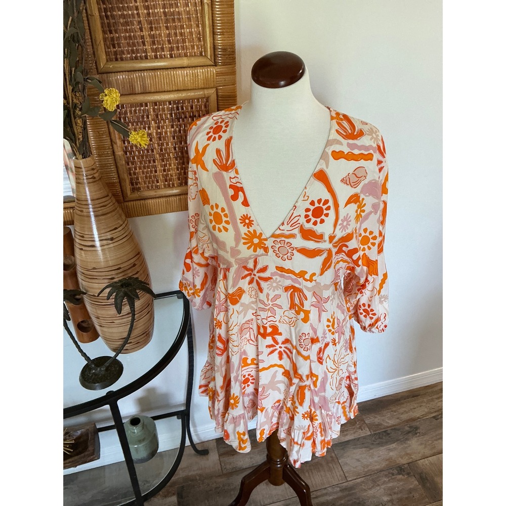 NWT LABEL OF LOVE ANTHROPOLOGIE SEASHELL ORANGE RUFFLE COVERUP MINI DRESS  SZ S